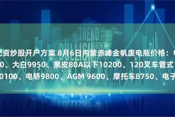 配资炒股开户方案 8月6日内蒙赤峰金帆废电瓶价格：电动9950、电信9450、大白9950、黑皮80A以下10200、120叉车管式10100、电轿9800、AGM 9600、摩托车8750、电子秤6150。（单位：元/吨）